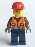 LEGO cty0584 Construction Worker - Orange Zipper, Safety Stripes and Belt over Brown Shirt, Dark Blue Legs, Red Construction Helmet, Orange Sunglasses
